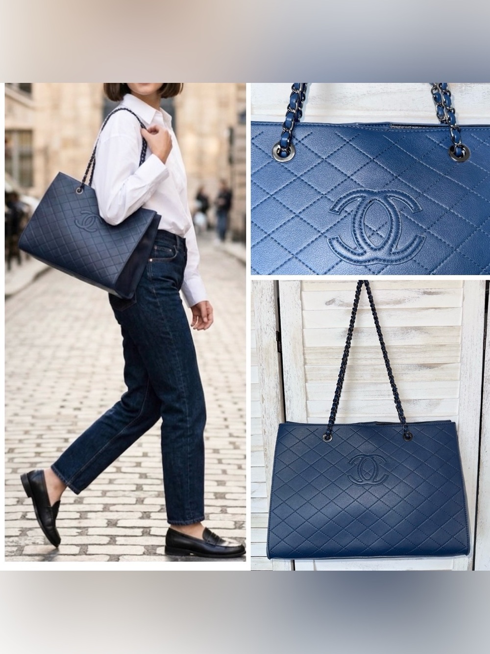 Designer-Inspired Navy Blue Quilted Tote Bag with Chain Straps W/ Cosmetic Bag